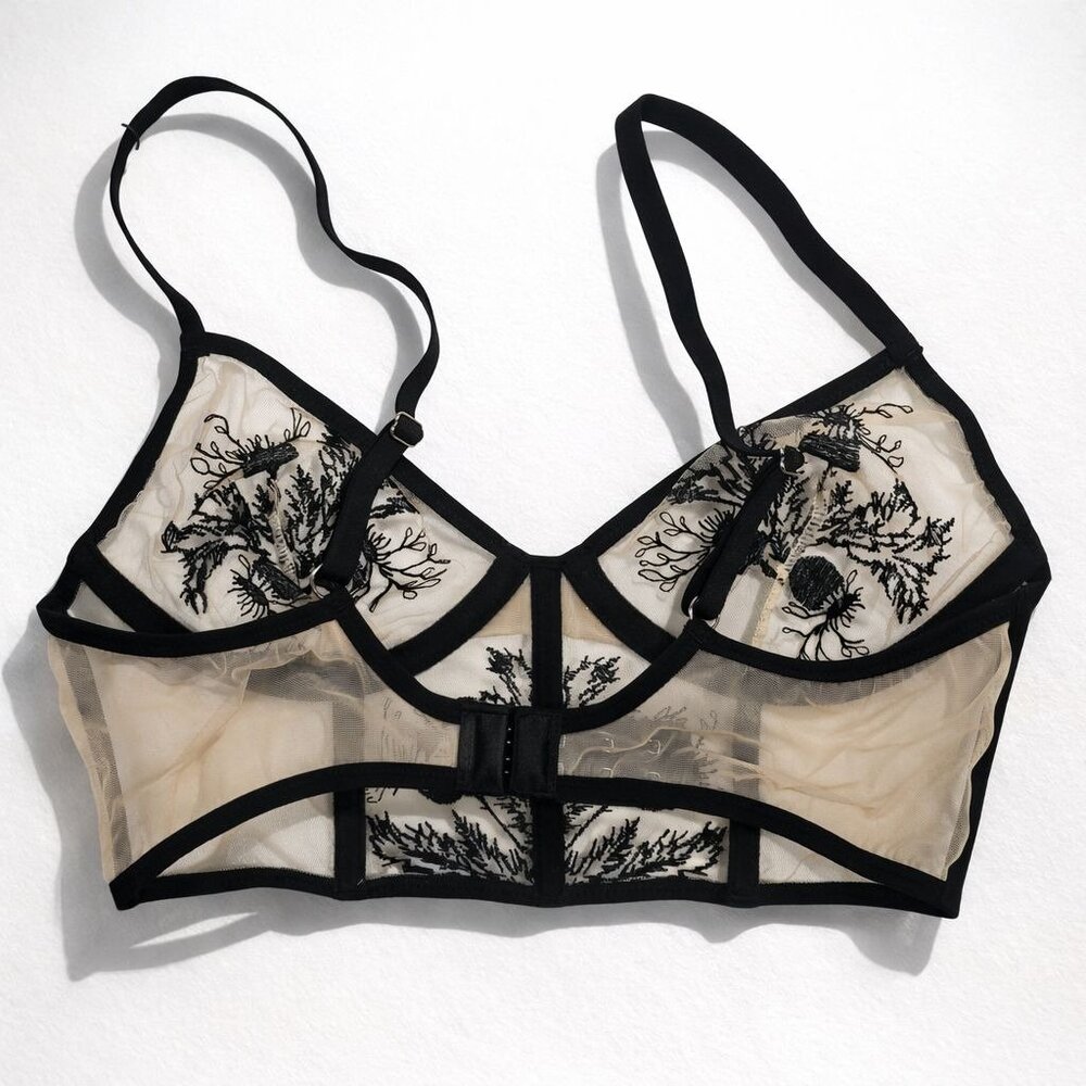 Thistle and Spire Verona Embroidered Longline Bra Women's 32DD Black Nude Mesh - Picture 2 of 16